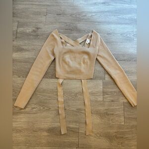 Lelis collection ribbed square neck crop top , small beige, lace back design